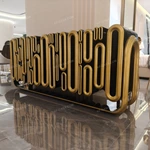 Oval Black High-Gloss Sideboard with Raised Gold Tubular Pattern and Arch Details